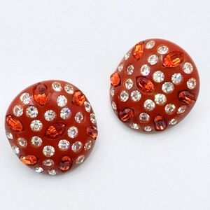 Vintage Weiss Red Lucite Clip On Earrings Inlaid Red & Clear Rhinestones Festive